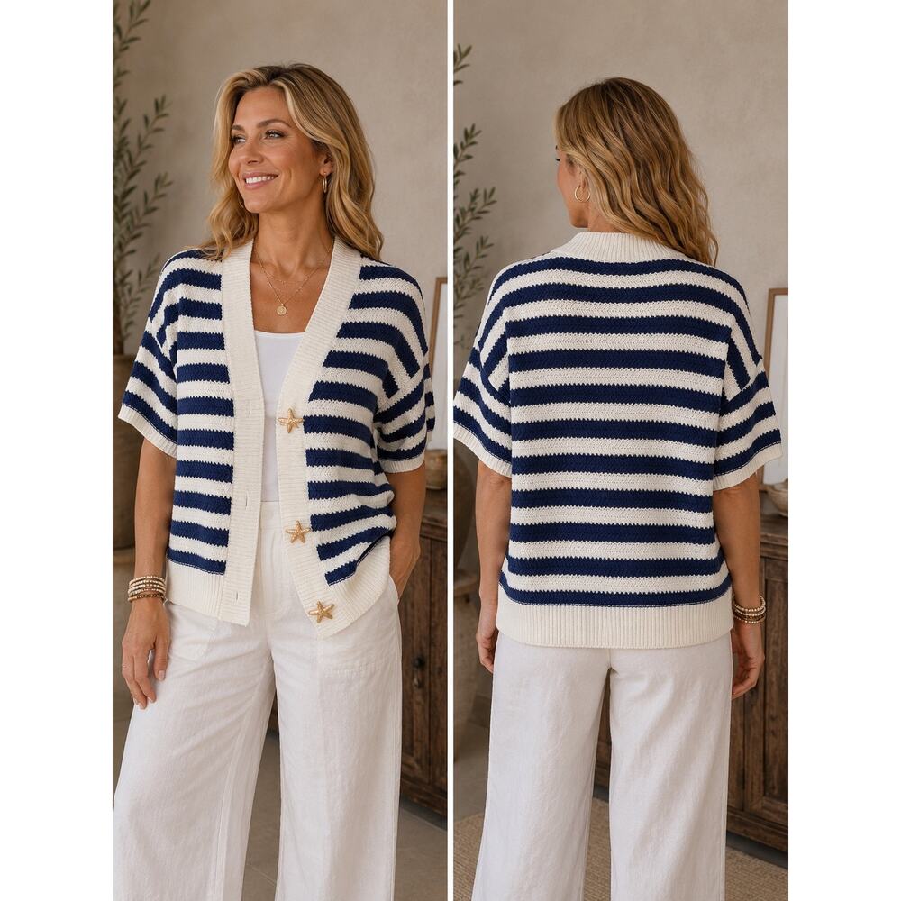 Avara Navy White Striped Starfish Button Coastal Cardigan Sweater